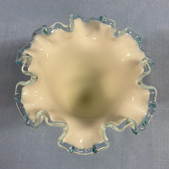 Fenton Aqua Blue Crest Ruffled Edge Milk Glass Vase 6.25" - Picture 2 of 4